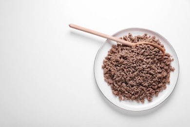 Photo of Plate of fried minced meat on white background, top view