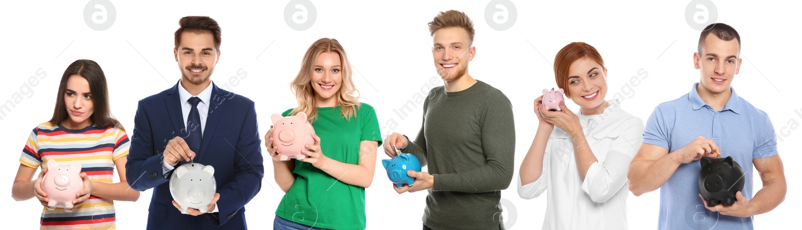 Image of Collage with photos of people holding piggy banks on white background. Banner design