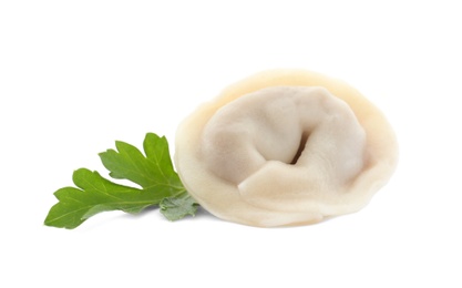 Photo of Fresh boiled dumpling and parsley leaf on white background