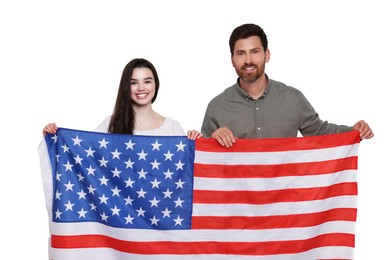 Image of 4th of July - Independence day of America. Happy father and his daughter with national flag of United States on white background