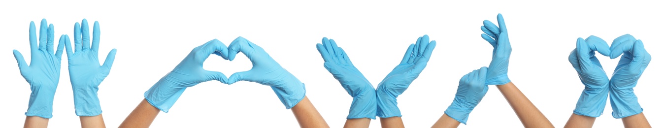 Image of Collage with photos of woman wearing medical gloves on white background, closeup. Banner design