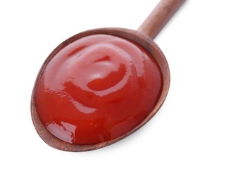 Photo of Wooden spoon with tasty fresh ketchup isolated on white