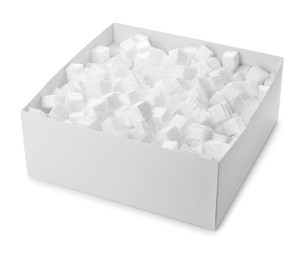 Cardboard box with styrofoam cubes isolated on white