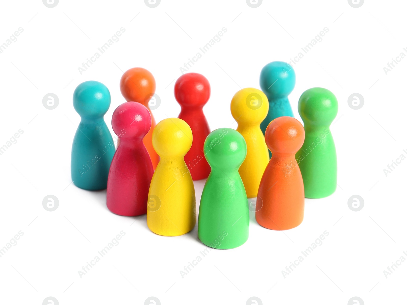 Photo of Colorful pawns on white background. Social inclusion concept