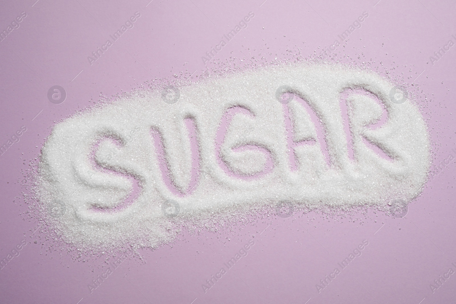 Photo of Composition with word SUGAR on lilac background, top view