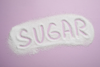 Photo of Composition with word SUGAR on lilac background, top view
