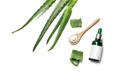 Flat lay composition with aloe vera on white background