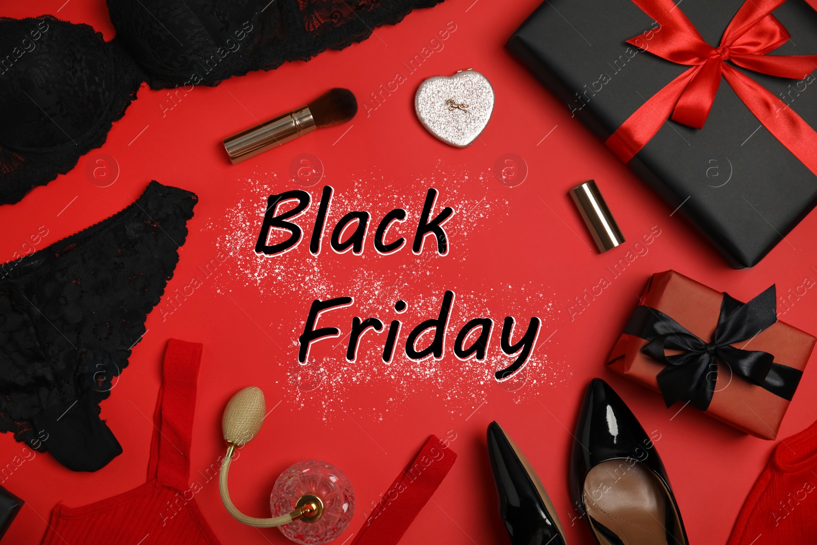 Photo of Gift boxes, women's underwear, shoes, accessories and phrase Black Friday on red background, flat lay