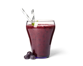 Photo of Glass with delicious acai smoothie on white background