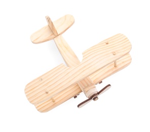 Wooden toy plane isolated on white, top view