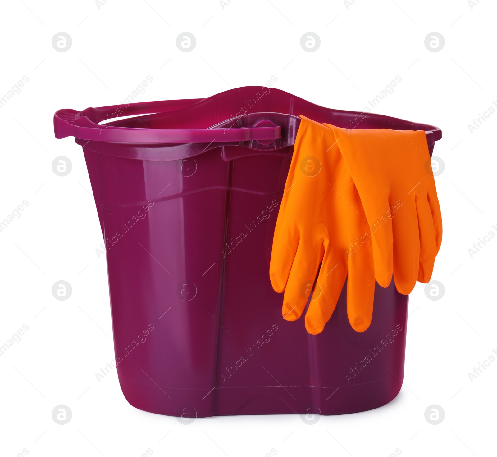 Photo of Purple bucket with gloves isolated on white