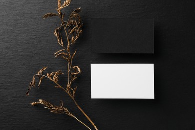 Photo of Empty business cards and dried plant on black background, flat lay. Mockup for design