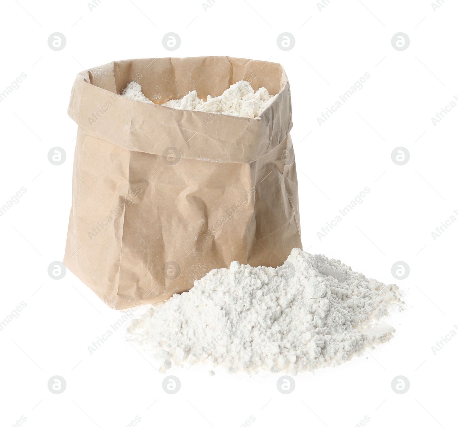 Photo of Organic flour and paper bag isolated on white