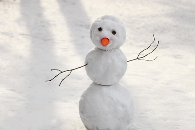 Photo of Funny snowman with carrot nose outdoors on winter day