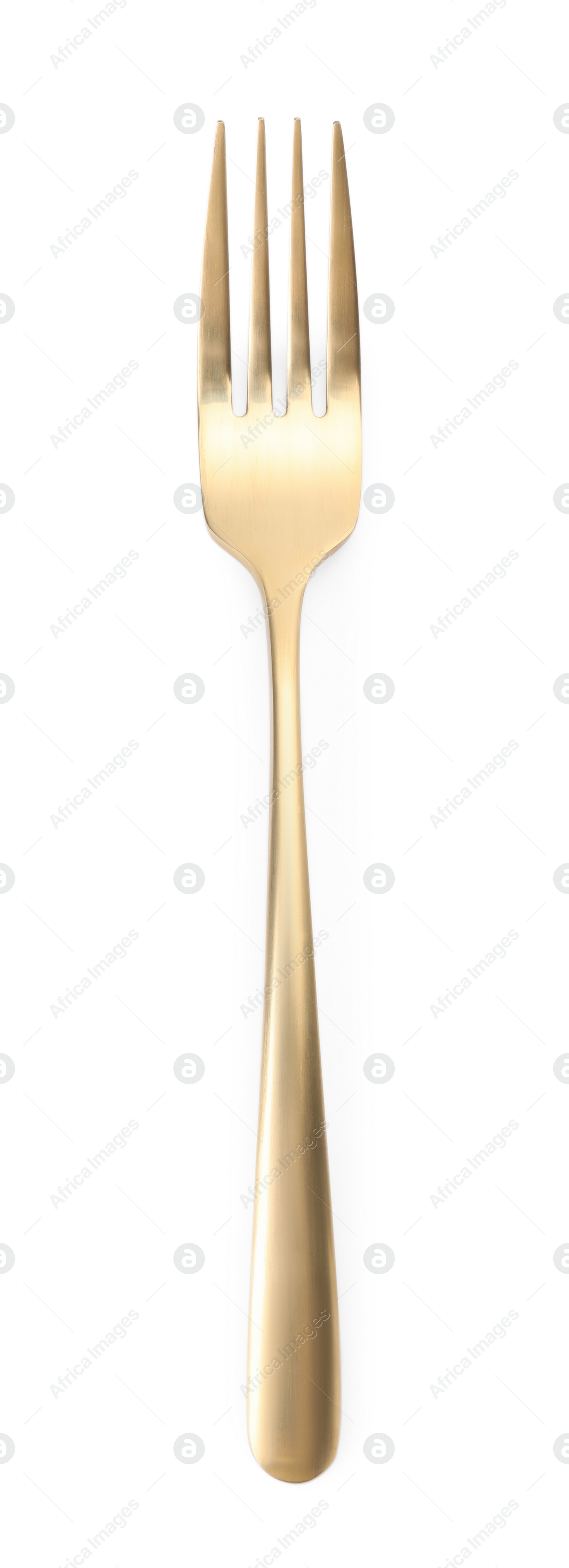 Photo of One shiny golden fork isolated on white, top view