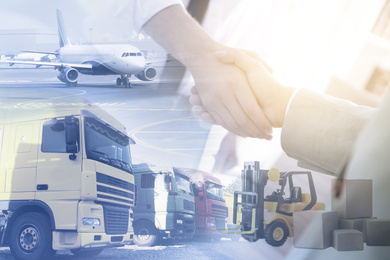 Image of Multiple exposure of business partners shaking hands and different transports. Logistics