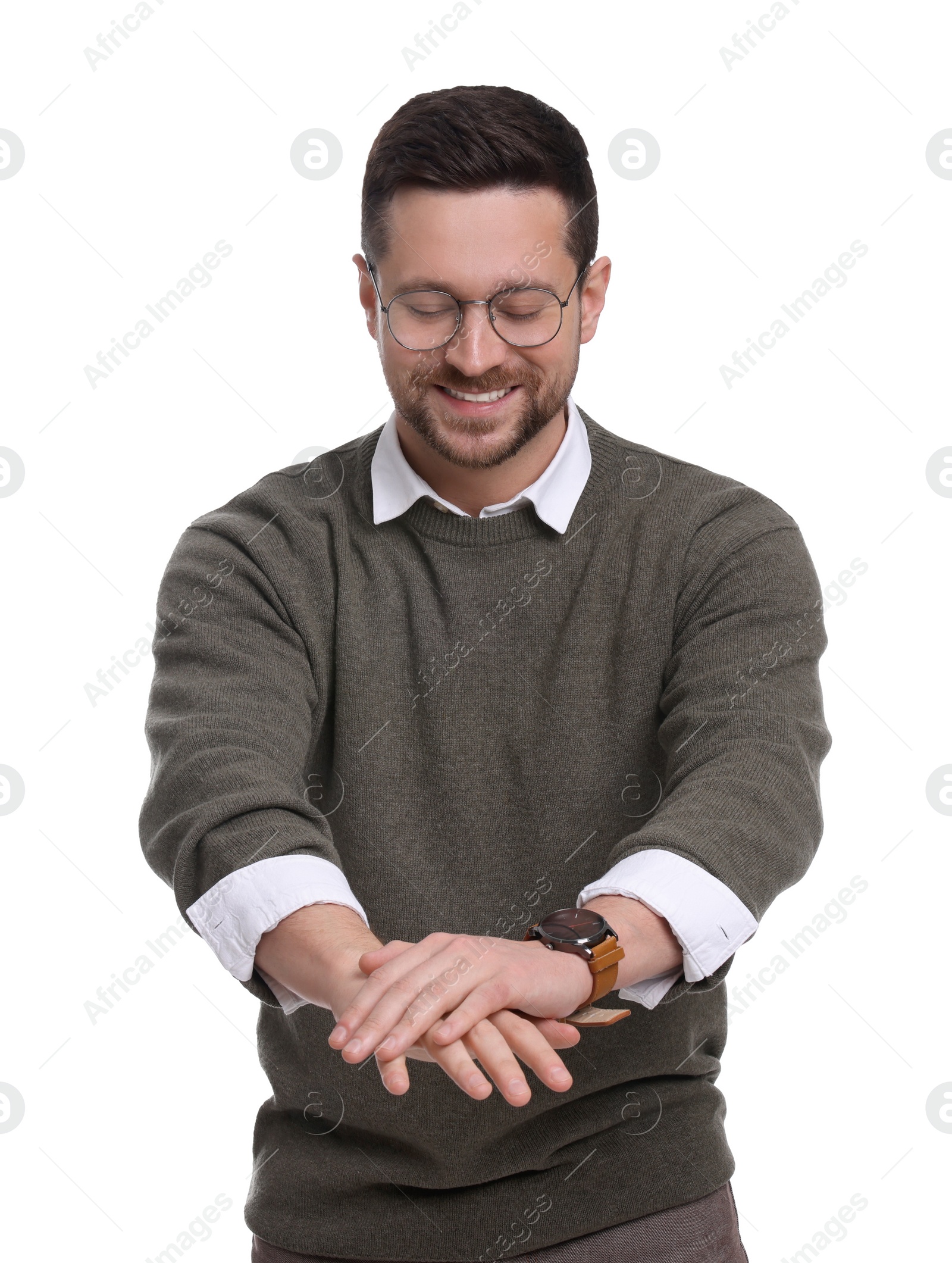 Photo of Handsome bearded businessman in eyeglasses on white background