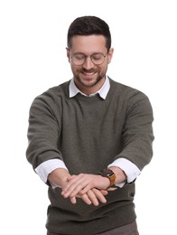 Handsome bearded businessman in eyeglasses on white background