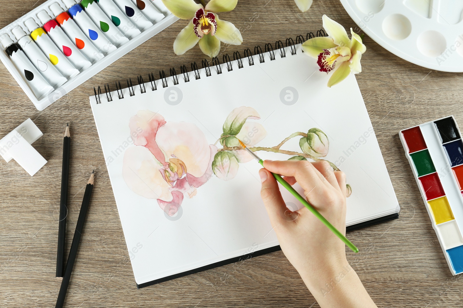 Photo of Woman drawing beautiful orchid
flowers in sketchbook at wooden table, top view