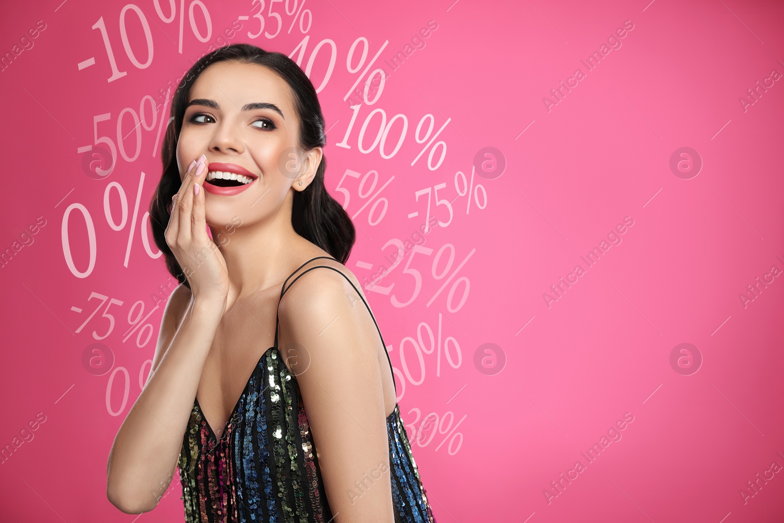 Image of Surprised woman and percent signs on pink background, space for text. Special promotion