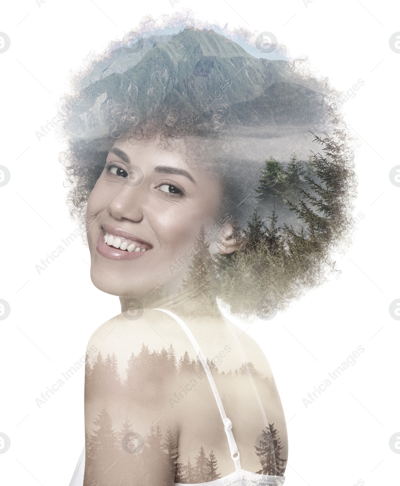 Image of Double exposure of beautiful woman and natural scenery on white background