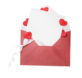 Blank card, envelope and red decorative hearts on white background, top view. Valentine's Day celebration