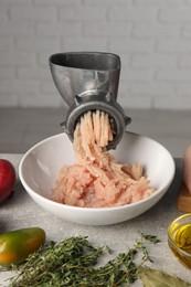 Metal meat grinder with chicken mince and different products on light grey table