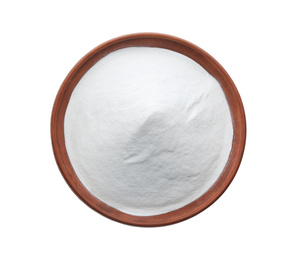 Photo of Bowl of baking soda isolated on white, top view