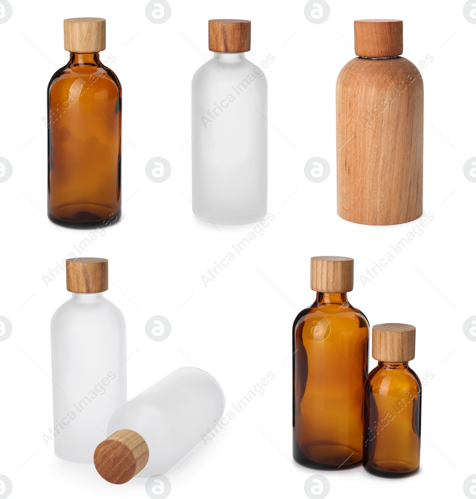 Image of Collage with different bottles isolated on white