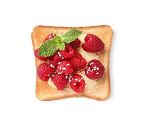 Photo of Tasty toast with butter, raspberry and mint isolated on white, top view