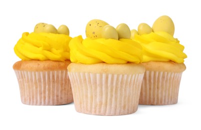 Tasty decorated Easter cupcakes isolated on white