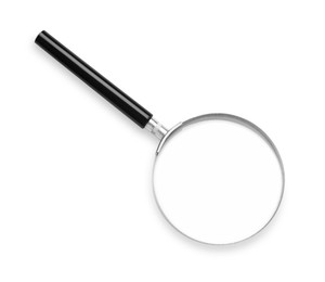Photo of Magnifying glass with handle isolated on white, top view