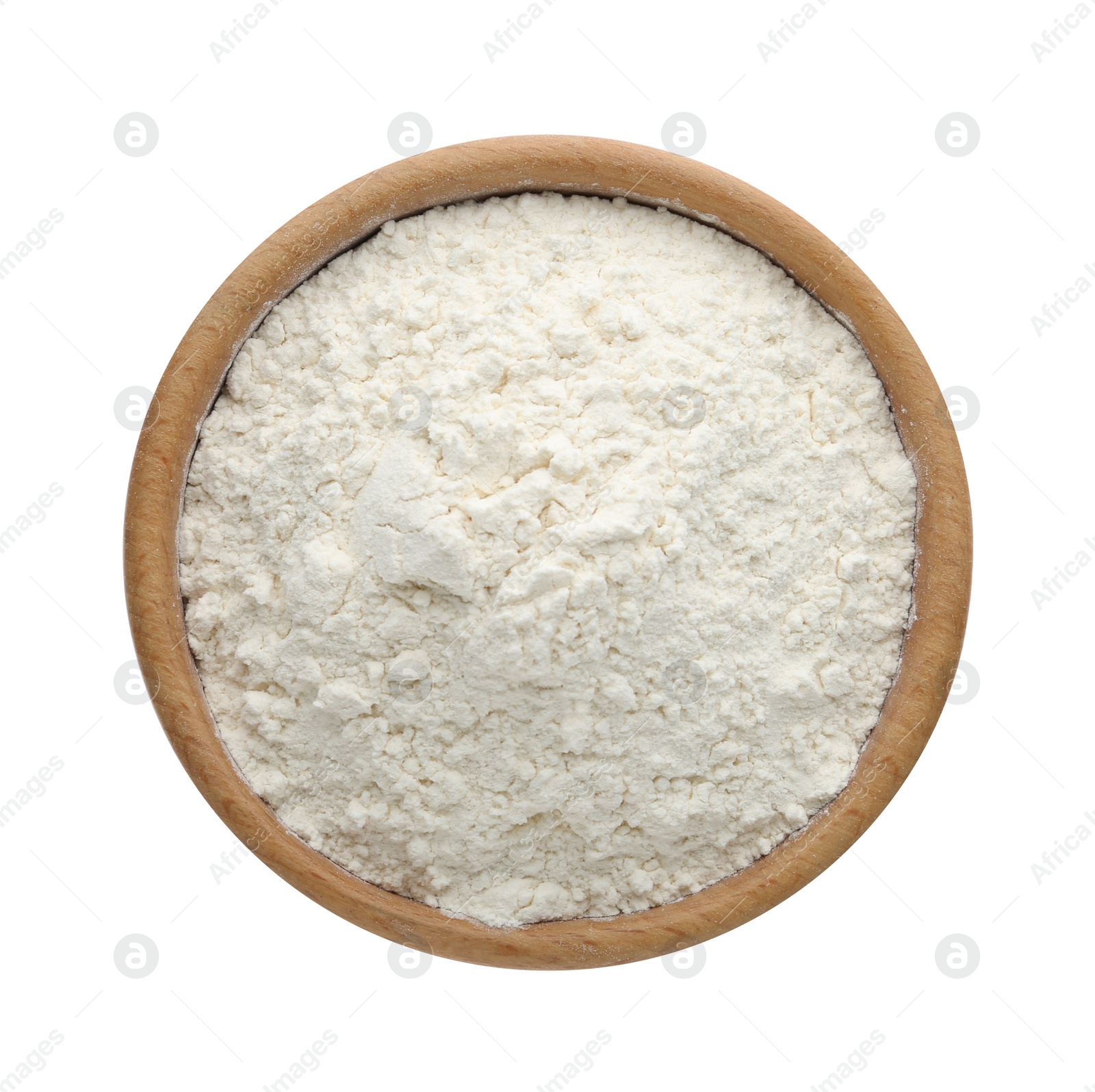 Photo of Organic flour in bowl isolated on white, top view