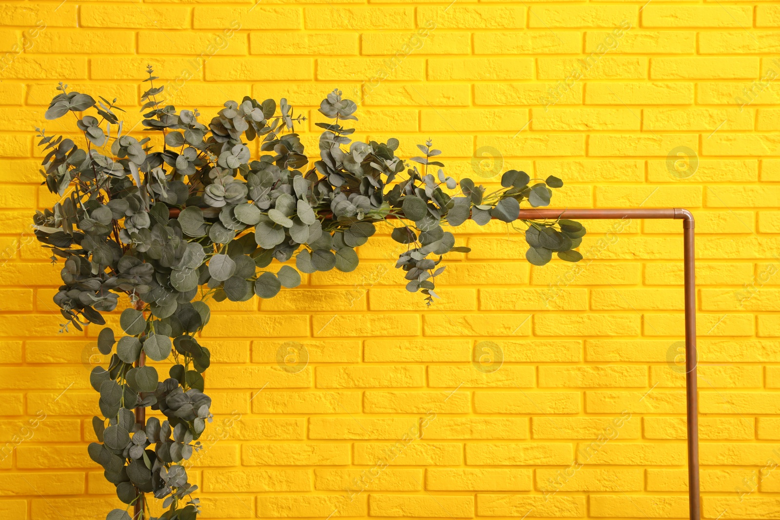 Photo of Stylish photo zone with frame and green leaves near yellow brick wall indoors