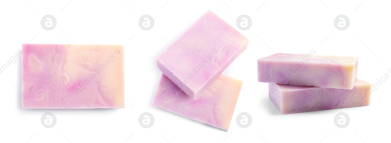 Image of Set with handmade soap bars on white background. Banner design