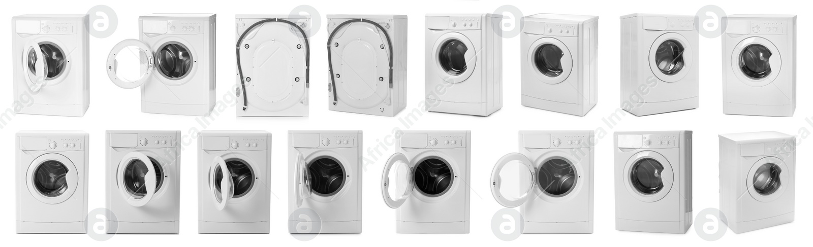 Image of Set with modern washing machines on white background. Banner design