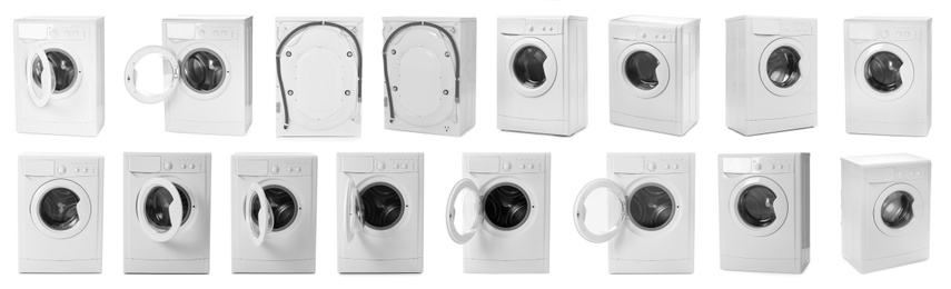 Image of Set with modern washing machines on white background. Banner design