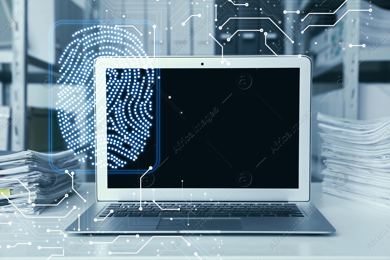 Image of Fingerprint identification. Modern laptop on table indoors