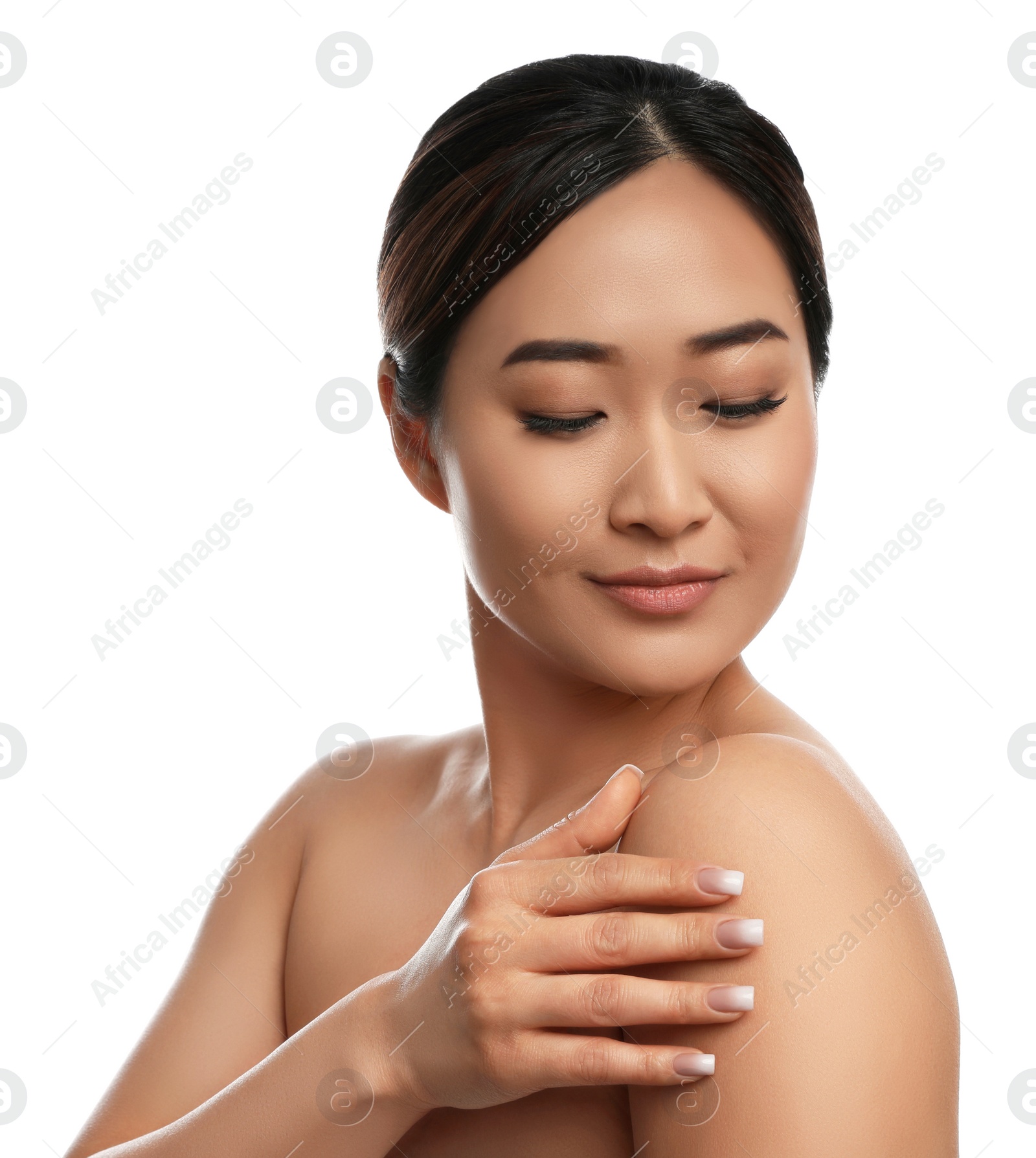 Photo of Portrait of beautiful Asian woman isolated on white. Spa treatment