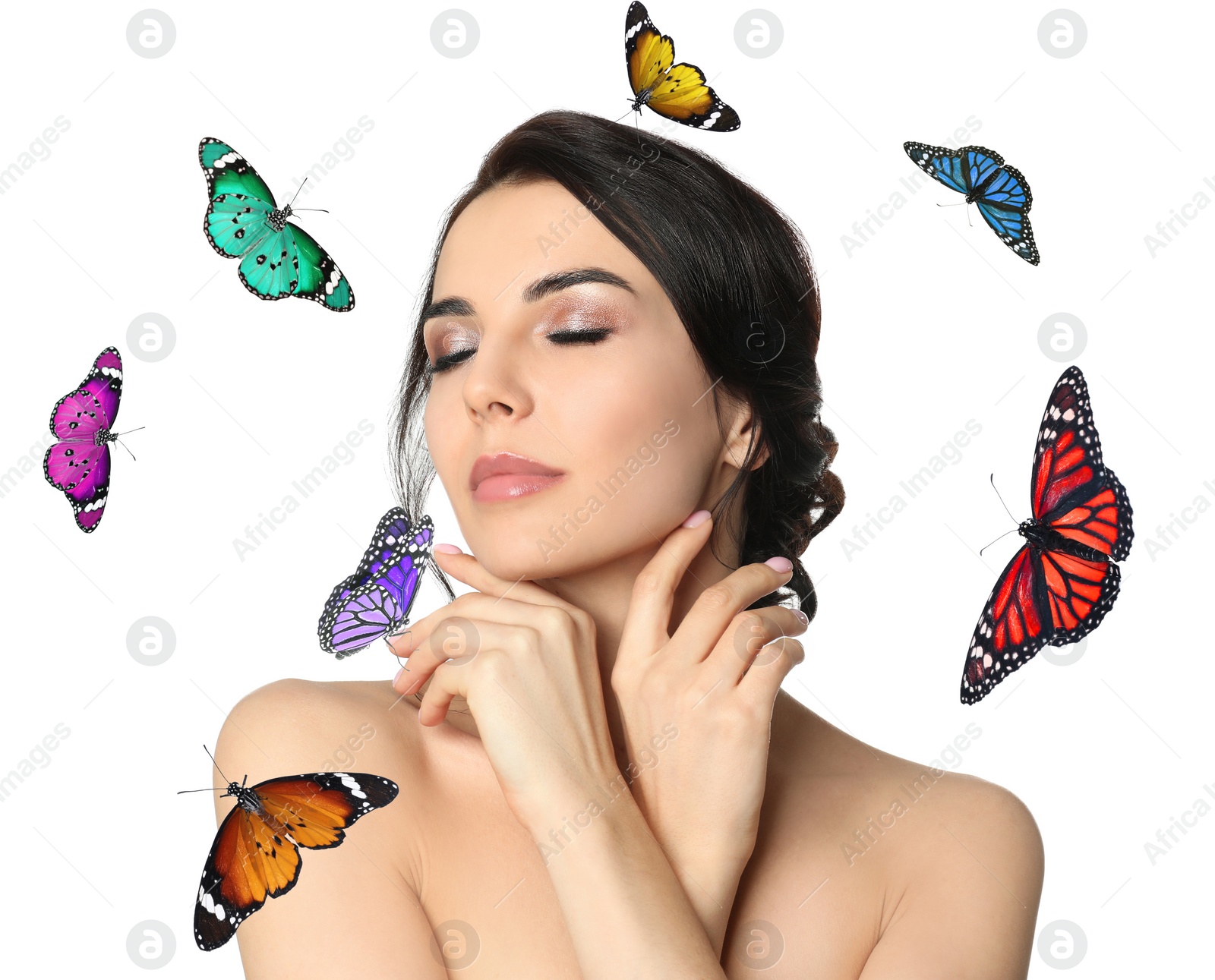 Image of Beautiful young woman and butterflies on white background