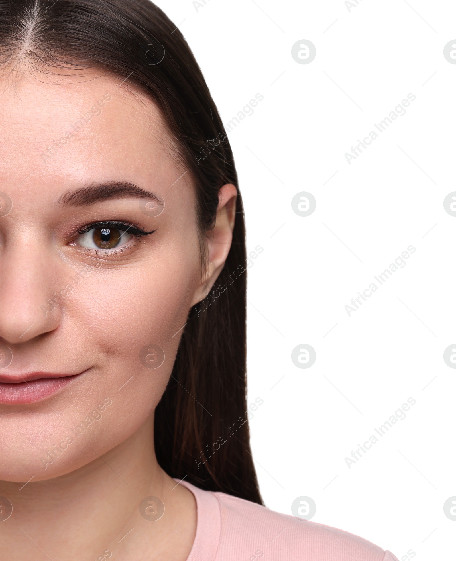 Photo of Beautiful woman with healthy skin on white background, closeup