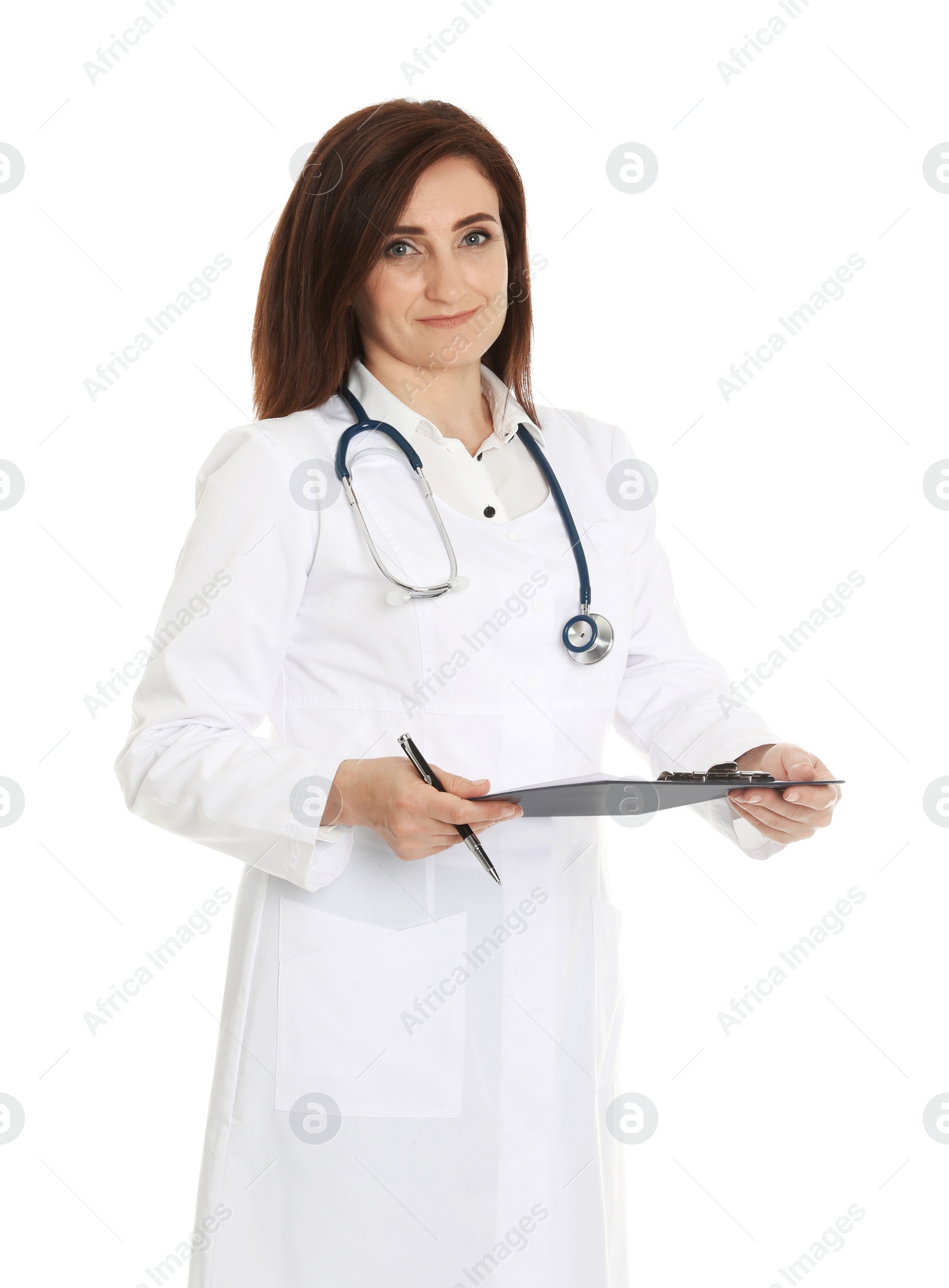 Photo of Portrait of female doctor with clipboard isolated on white. Medical staff