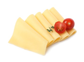 Photo of Slices of tasty fresh cheese, thyme and tomatoes isolated on white, top view