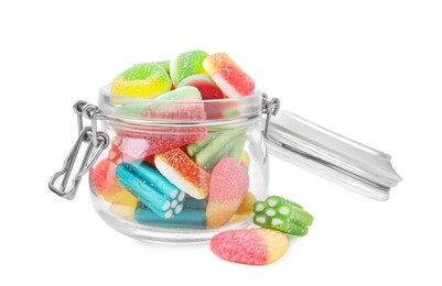 Photo of Glass jar of tasty colorful jelly candies on white background