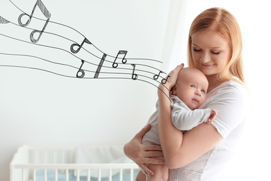 Image of Flying music notes and young mother and her baby at home. Lullaby songs 