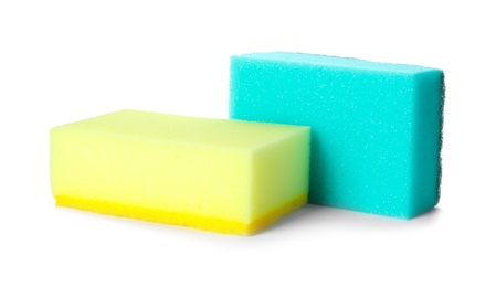 Photo of Cleaning sponges for dish washing on white background