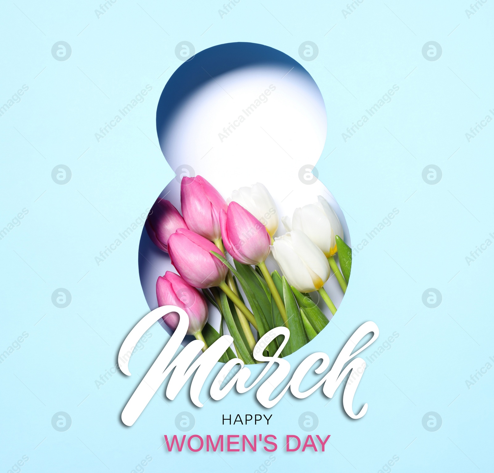 Image of 8 March - Happy International Women's Day. Greeting card design with tulip flowers, top view