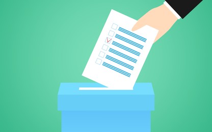 Illustration of  human putting ballot into box on color background. Electronic voting