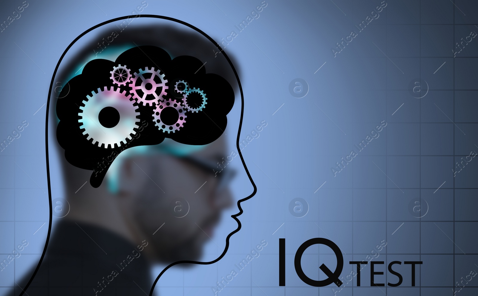 Image of Illustrated head with brain and blurred view of man on color background. IQ test