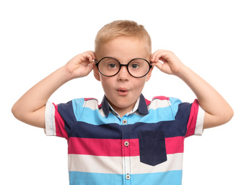 Photo of Portrait of cute little boy with glasses on white background